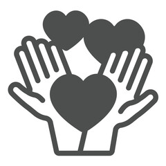 Palm hands and hearts solid icon, charity concept. Vector graphics. Love sharing, donations sign on white background, glyph style icon for mobile or web design.