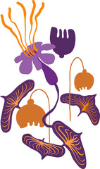 Bouquet of isolated folk flowers and leaves in flat primitive style. Digital illustration for branding, cards, design. PNG