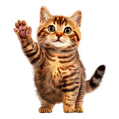 Fototapeta premium A cute, animated kitten with distinctive stripes raises its paw, showcasing its playful and friendly demeanor.