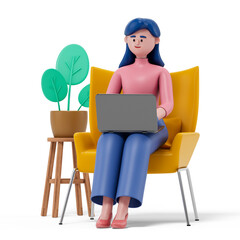 A woman sits on a yellow chair, using a laptop, symbolizing work flexibility and comfort. 3D rendering, conceptual image. Isolated on white background.