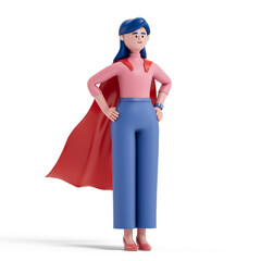 A woman stands with hands on hips, wearing a cape, symbolizing leadership and heroism. 3D rendering, conceptual image. Isolated on white background.