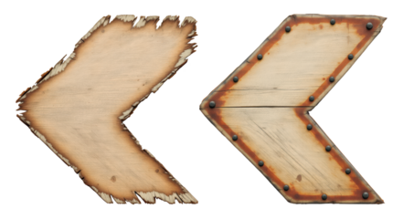 Vintage Wooden Arrow Direction Signs with Rustic Torn Edges and Metal Rivets Pointing Left Weathered Design Isolated on Transparent and White Background