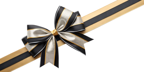 Large black gold silver bow on the left side of a straight ribbon, isolated on a transparent background - ideal for banners or frames for Easter, Christmas, birthdays, gifts, Valentine's Day