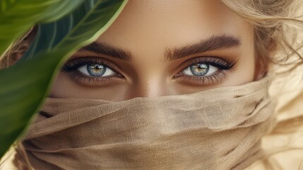 Fototapeta premium A blond woman with blue eyes peeks out from behind a tan fabric.