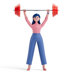 A woman lifts a heavy barbell, symbolizing strength and determination. 3D rendering, conceptual image. Isolated on white background.