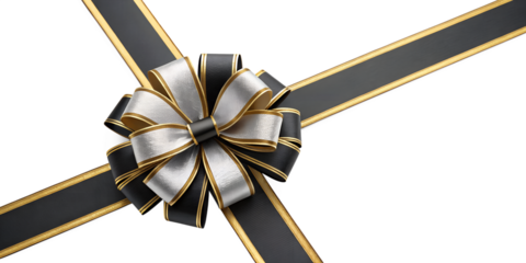 Large black gold silver bow on the left side of a straight ribbon, isolated on a transparent background - ideal for banners or frames for Easter, Christmas, birthdays, gifts, Valentine's Day