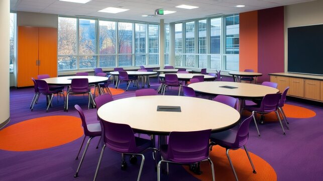 Contemporary classroom layout with round tables, group seating, and interactive learning tools