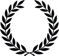 Isolated elegant black laurel wreath silhouette, circular frame with symmetrical olive branches. Classic symbol of victory and achievement in sports and academy with timeless minimalist design.
