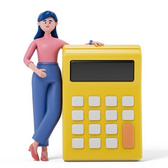 A woman leans on a large calculator, symbolizing financial calculation or budgeting. 3D rendering, conceptual image. Isolated on white background.