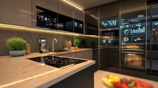 Futuristic smart kitchen with interactive screens and modern appliances technology
