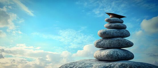 Stack of stones with graduation cap against sky