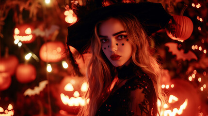 Halloween background with witch and pumpkin ,witch. A hallowen witch background to promote halloween party with pumpkins, bats, lights and ornaments 