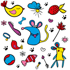Pet toys icons set. Vector illustration. Hand drawn doodle collection. 
