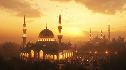 Mosques, golden sunset, prayer, crowd at dusk