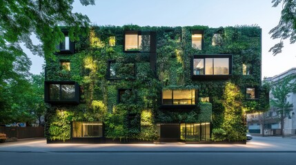 Modern green school exterior with vertical garden walls and energy-efficient LED lights