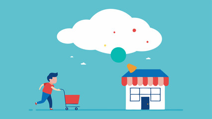 Shopping Cart Beneath Clouds A giant cloud releases cascading discounts into an overflowing shopping cart situated in front of a small shop while a child leaps joyfully beside it.