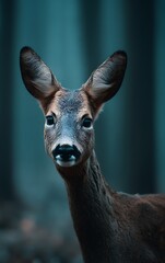 Fototapeta premium Deer in Forest Portrait with Soft Lighting and Green Background