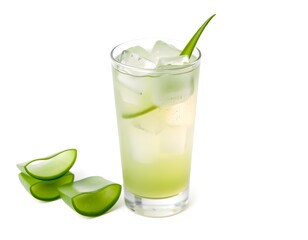 Cold Aloe Vera Juice with Ice Cubes Served in a Clear Glass on White Background