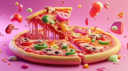 Delicious pizza slice being pulled with melted cheese on pink background with flying toppings