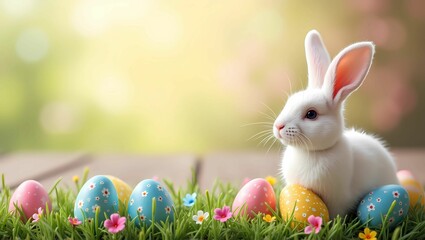 Cute white bunny sits on green grass with colorful Easter eggs and flowers. Soft light and bokeh background. Ideal for spring, Easter, kids, and celebration themes