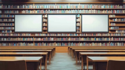 Shelving wall with perfectly aligned books and digital signage above each category in a modern library