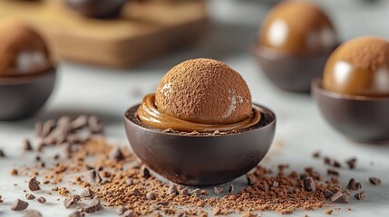 Dark chocolate truffle with smooth cocoa powder coating, filled with smooth chocolate cream