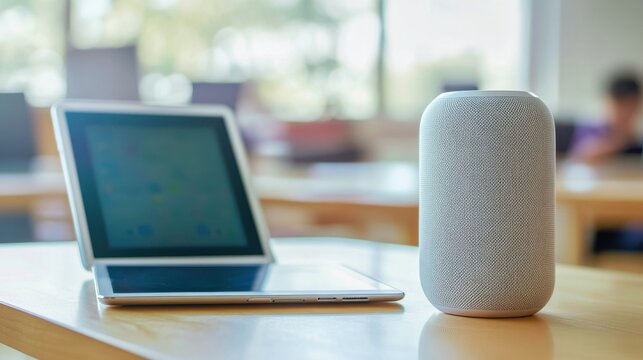 Smart speaker and tablet combo on classroom desk, voice-activated educational technology tools