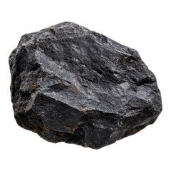 A rough, dark rock with a textured surface, showcasing natural geological features and variations in color and shape.