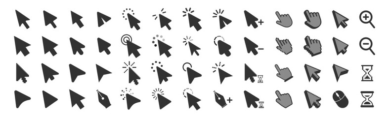 Computer mouse click cursor isolated on transparent. Cursors icons click set. Cursor set in hand, arrow and mouse forms, hand pointer.