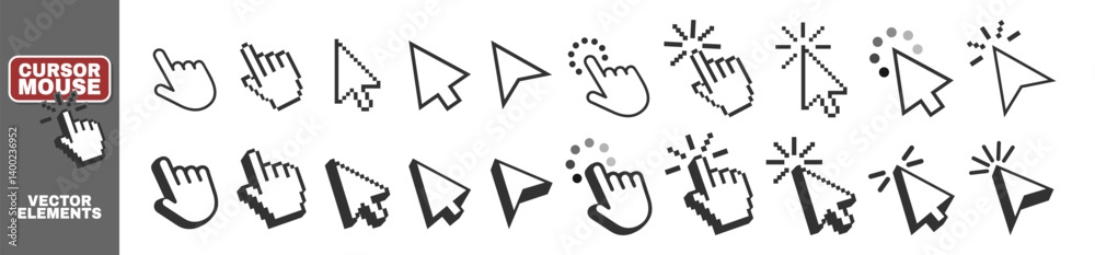 Poster Cursors icons click set isolated on transparent. Pointer cursor and loading icon. Clicking cursor, pointing hand clicks icons.