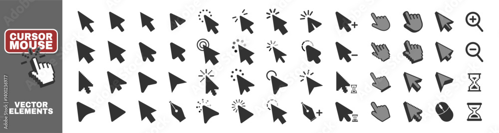 Poster Black cursors icons click set isolated on transparent. Pointer cursor and loading icon. Clicking cursor, pointing hand clicks icons.