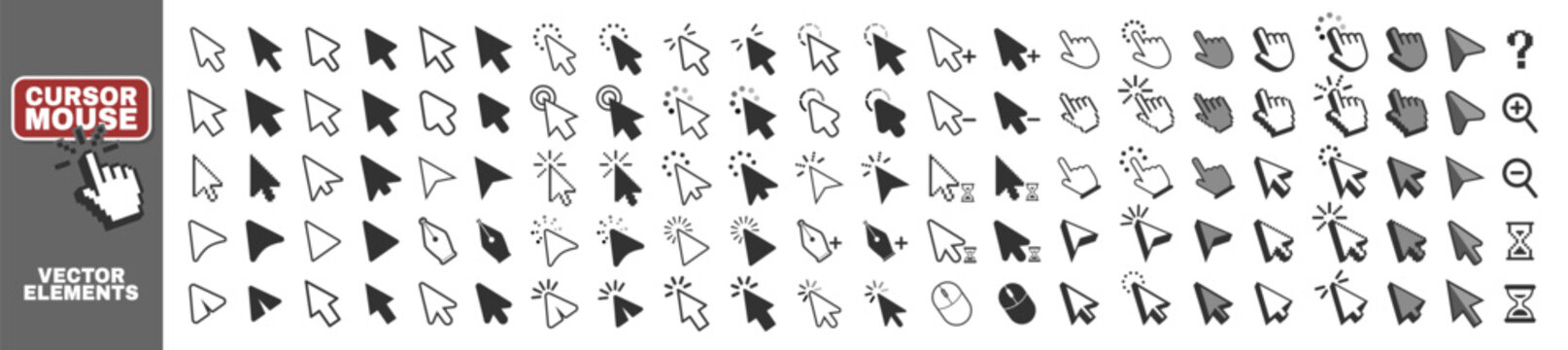 Computer mouse click cursor isolated on transparent. Cursors icons click set. Cursor set in hand, arrow and mouse forms, hand pointer.