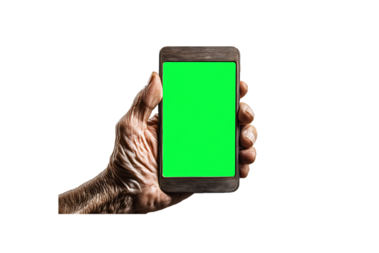 Elderly hand holding a smartphone with a blank green screen for customizable design mockup - Powered by Adobe