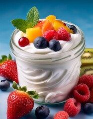 Yogurt Parfait with Berries: Creamy yogurt layered with fresh, juicy berries and a sprig of mint in a glass jar. A healthy and delicious breakfast or snack option. 