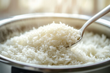 Thai jasmine rice fluffy cooked is scooping from a rice cooker. 