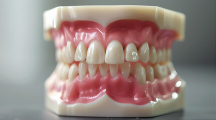 Obraz premium Teeth dental treatment, closeup of dental model, Dental prothesis, A close up of dental model displaying the upper and lower teeth, A dental model of a realistic and removable teeth and gums
