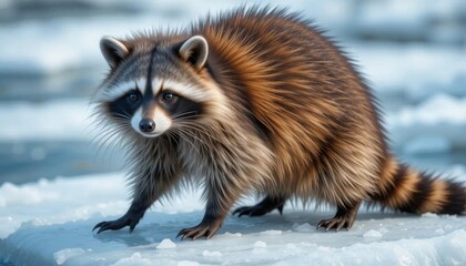 Naklejka premium Winter Raccoon on Icy Surface, Dense Fur, Close-up Portrait
