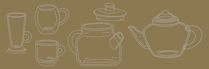 A set of transparent dishes. Transparent tableware teapots and cups. Doodle elements. Flat ordinary tea drinking utensils. Vector illustration for banner, advertisement, menu