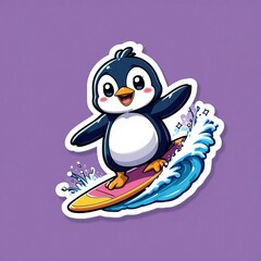 Obraz premium Children's sticker, penguin surfer,on solid soft purple color background
