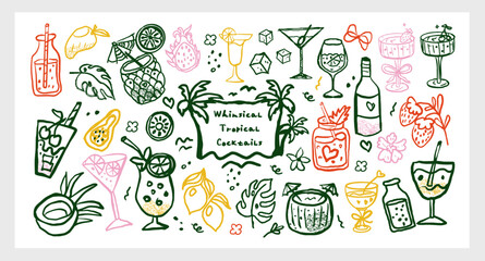 Whimsical Tropical Cocktails hand drawn vector set line art chalk and charcoal with summer drinks, fruits and cute doodles. Vibrant and fun collection for stickers, cards, prints, and design.