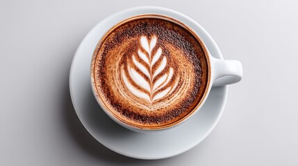 Maroon mug of hot beverage with leaf foam art on clean gray surface in soft diffuse light from top view angle for minimalist drink stock presentation