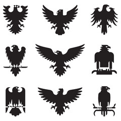 Heraldic eagles, falcons and hawks set Vector Black silhouettes. with white background