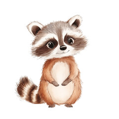 Fototapeta premium Cute watercolor raccoon with big eyes and striped tail, perfect for nursery decor, children's books, or woodland animal collections.