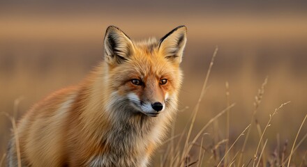 Fototapeta premium Golden Hour Fox In Prairie Grassland Red Fox Portrait Wildlife Photography Majestic Fox Sunset Meadow Serenity Wild Fox Stunning Nature Image Autumn Fox Serene Nature Scene AI Generated