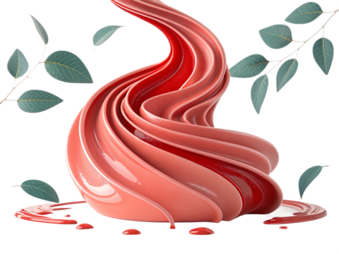 Swirling Pink Gradient Shape with Drips, Rounded Layers and Green Leaves on Black