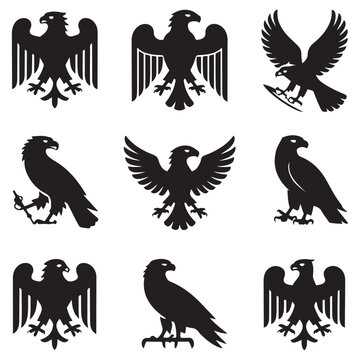Heraldic eagles, falcons and hawks set Vector Black silhouettes. with white background