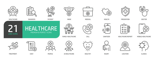 Set Of Healthcare Line Icons. Contains such icons as Medical, Doctor, Health, Prevention, Treatment, Injury, Illness, Patient, and more.