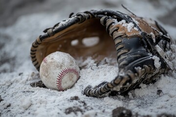 Obraz premium Baseball and Glove Covered in Snow Winter Sports Concept
