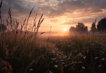 Fototapeta premium Exploring Golden Field at Sunrise with Fog and Wildflowers