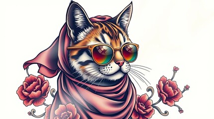 Symbolic traditional tattoo art print of a cat wearing a headscarf and sunglasses,, complex ornamental design on a white background